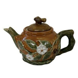 Teapot Mushroom Lid White Flowers Pottery Majolica Brown
